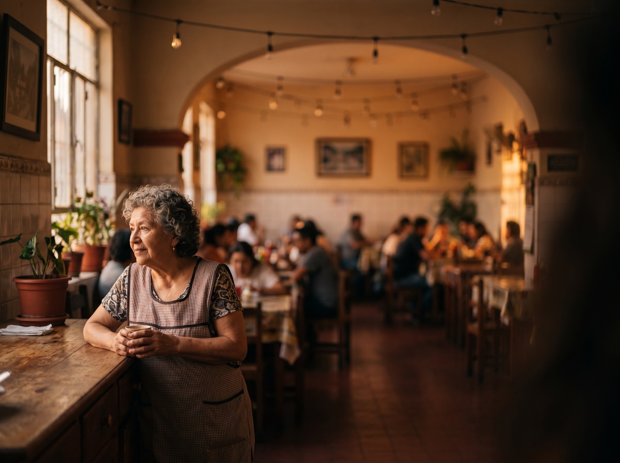 La dueña de un local mirando su salón lleno