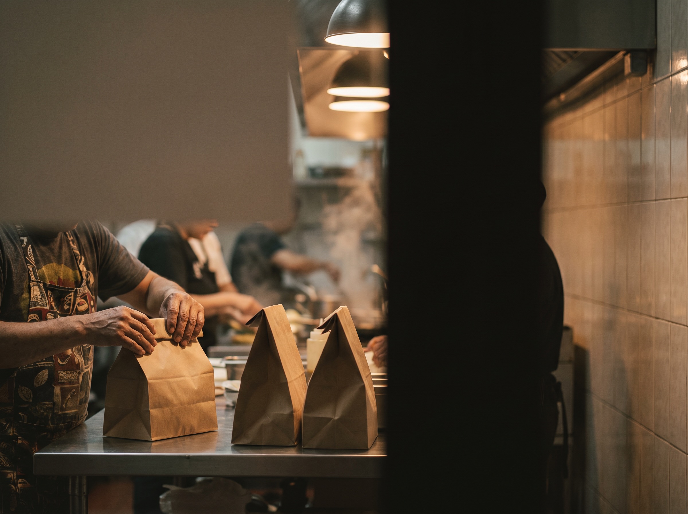 La bolsa del pedido cerrándose en el pase de la cocina