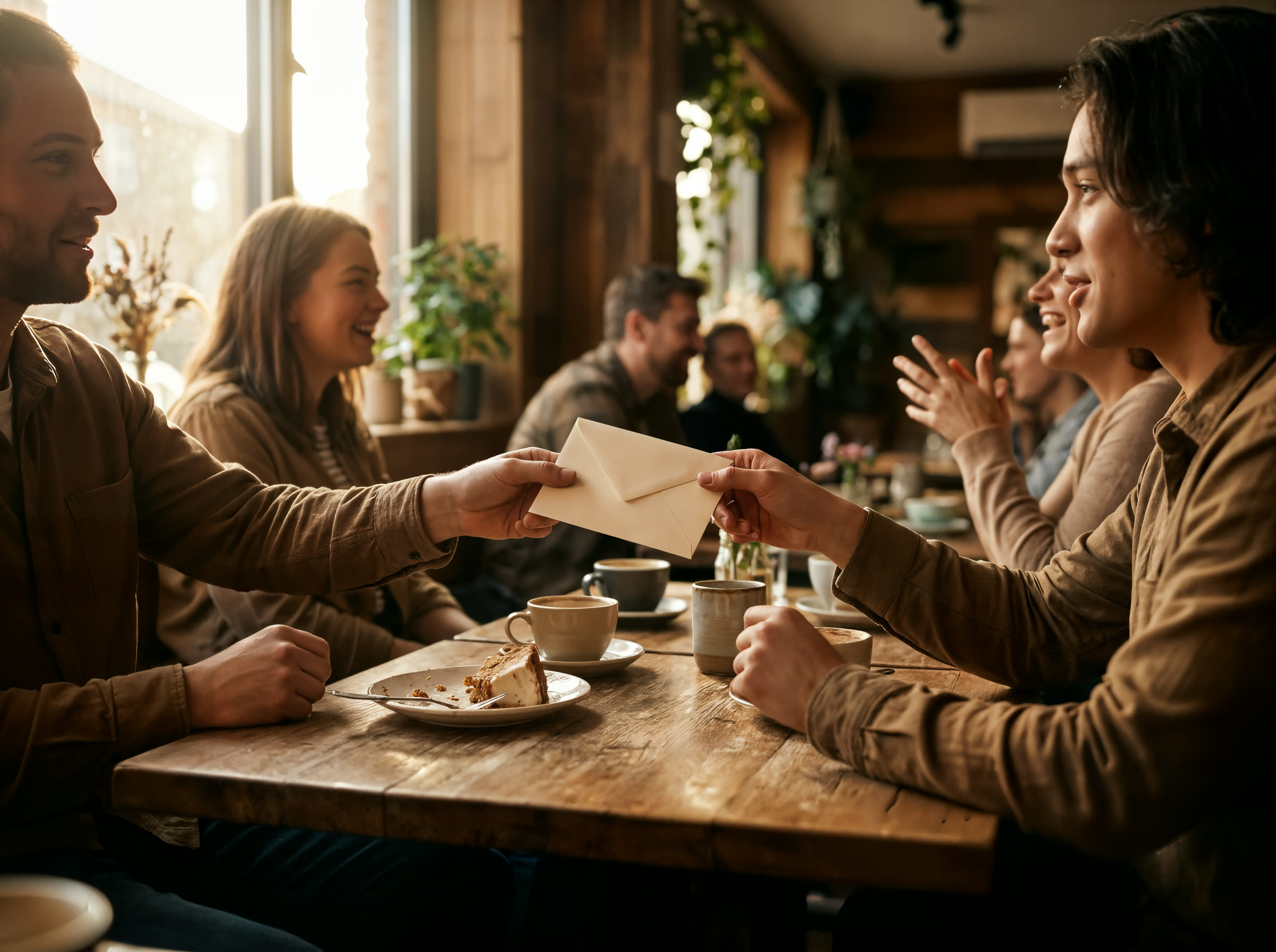 Alguien entregando un regalo en la mesa de un café